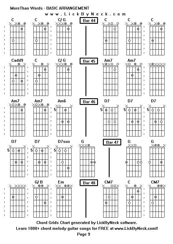 Chord Grids Chart of chord melody fingerstyle guitar song-MoreThan Words - BASIC ARRANGEMENT,generated by LickByNeck software.